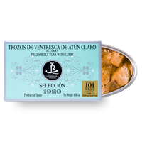 Yellowfin Tuna Belly Pieces in Olive Oil with Curry, Real Conservera Española, Selección 1920.