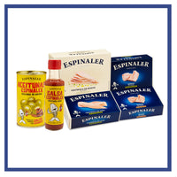 Tuna Lover Pack contains Bonito Tuna Belly, White Tuna in Olive Oil, White Tuna in Pickled Sauce, Olives Stuffed with Anchovy and Appetizer Sauce