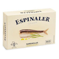 Espinaler baby sardines come from the Rias Baixas on the Galician Coast. They are cleaned by hand, steamed and packed in olive oil.