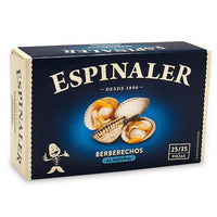 Espinaler Cockles in Brine, Berberechos al natural, cockles come from Galicia, specifically from the Galician Rias along the Atlantic Coast. They are size selected, boiled and hand packed in their own juices. They may be paired with our Espinaler sauce, which adds a tangy flavor to tinned seafood. In Spain they are often served as a tapa accompanied by a vermouth or used as an ingredient in main courses.
