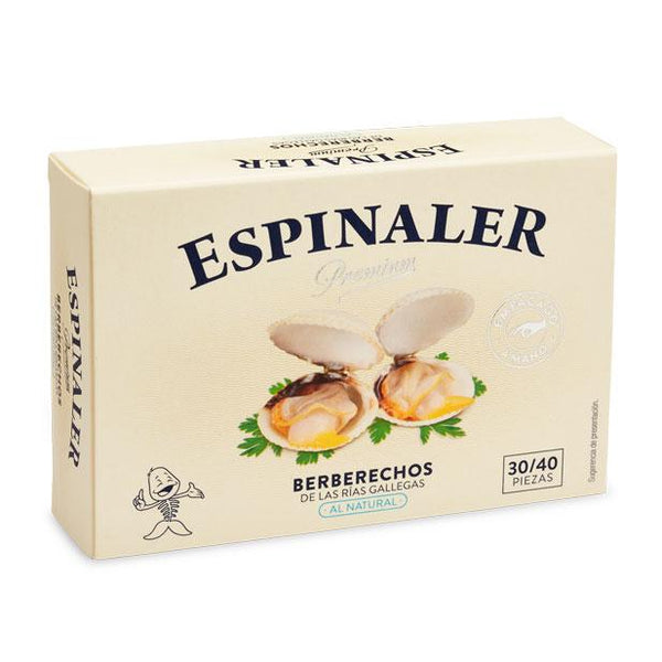 Espinaler Cockles in Brine, Berberechos al natural hand packed cockles come from Galicia, specifically from the Galician Rias along the Atlantic Coast. This area is known for the highest quality cockles in Europe. Their soft texture has a briny taste that pairs well with the juice from the tin. In Spain they are often served as a tapa accompanied by a vermouth or used as an ingredient in main courses.