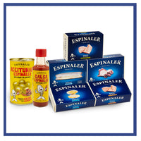 Espinaler Cantabrico Pack, contains White Tuna in Olive Oil, White Tuna in Pickled Sauce, Clams, Razor Clams in Brine, Octopus in Olive Oil, Olives Stuffed with Anchovy and Appetizer Sauce