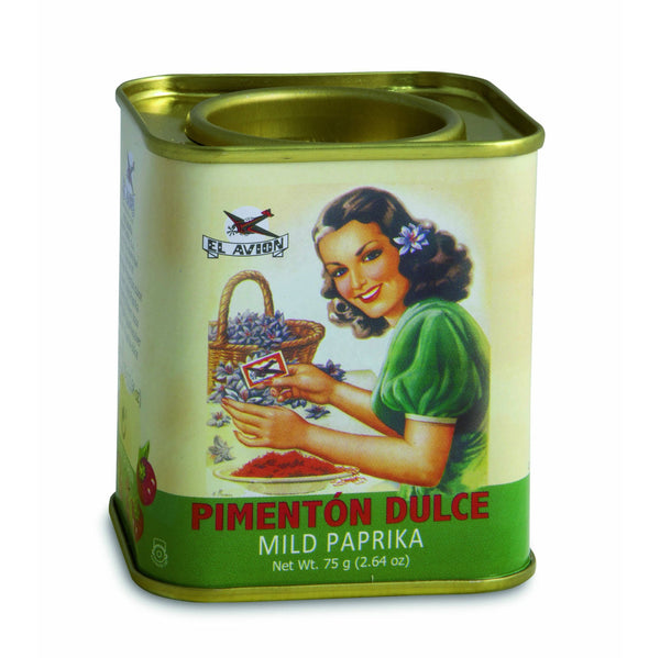Mild Paprika El Avion, Pimentón Dulce.This paprika, from the region of Murcia, has the prestigious Designation of Origin seal indicating its centuries-old process of growing, drying and grinding of the Ñora pepper. This deep red powdered spice adds fragrance, color and flavor to dishes. Each tin has 75 grams.