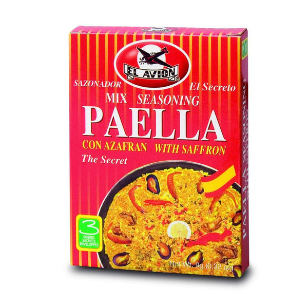 This savory mix of spices adds a richness of flavor and a golden yellow color to paellas. With these sachets no other spices will be needed. Each box contains three sachets. Each sachet contains the condiment needed for 4-6 portions of paella (500 g of rice). Ingredients: Food coloring, mild paprika, black pepper, thyme, cloves, nutmeg, parsley, rosemary and saffron (2.6%)