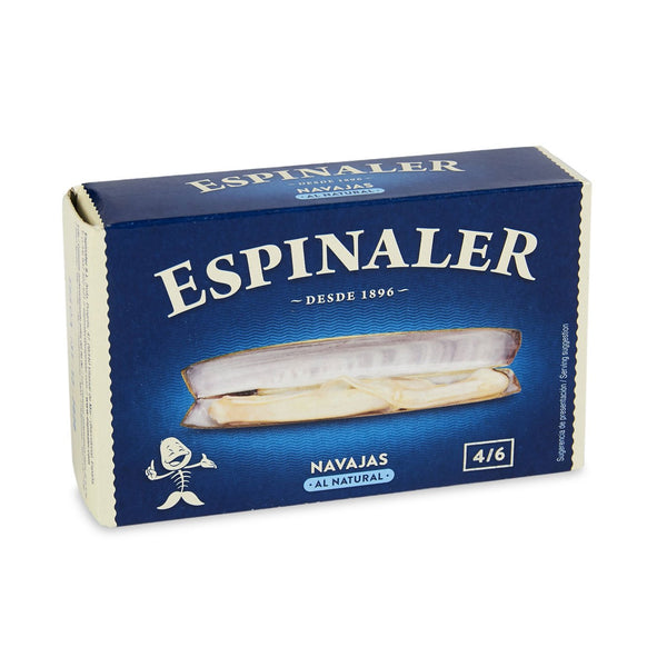 Espinaler trimmed razor clams from Galicia are steamed and hand packed. They have a richer flavor and firmer texture than other types of clams. These thin, long clams are considered a delicacy since they grow in shallow waters where they have to be manually dug out of the sand by mariscadores.