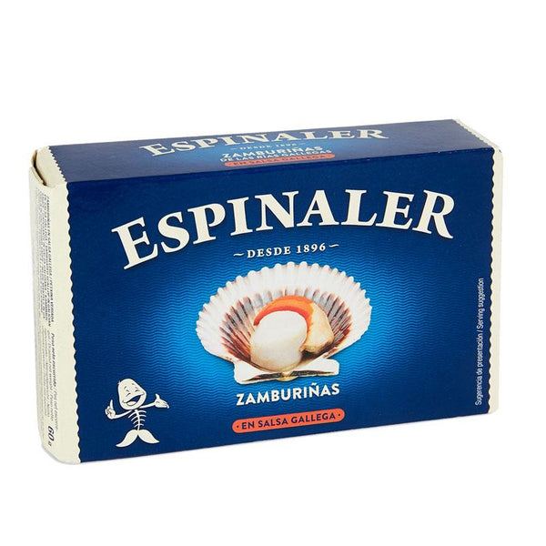 Spinaler Scallops in Galician Sauce are from the region of Galicia, where only the best shells are hand selected. They are later steamed and prepared in a traditional Galician sauce. The scallops may be served at room temperature direct from the tin or slightly heated to better enjoy the flavors of the sauce.