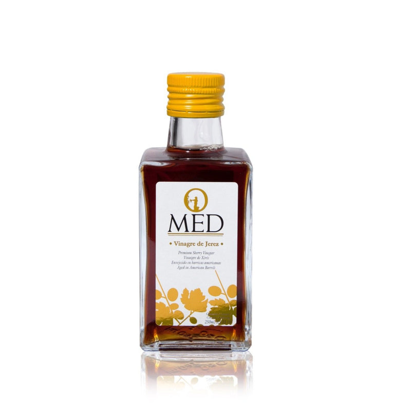 Sherry Vinegar O-Med are fresh tasting vinegars that add complexity and flavor to your food. This vinegar is produced using the solera method and ages the finest sherry from Jerez in American oak barrels. It is ideal for dressings and salads.