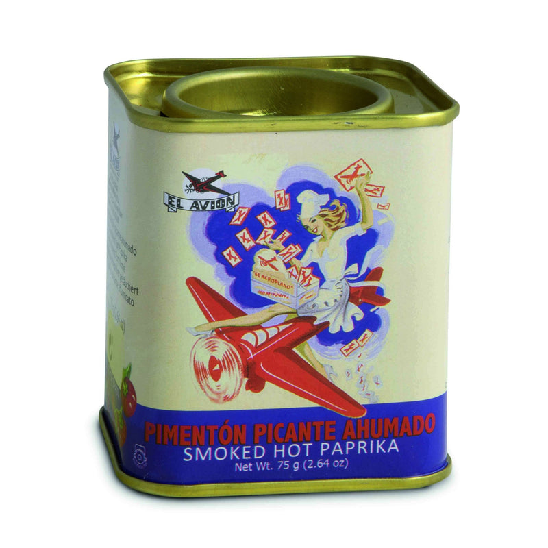 Spicy paprika El Avion, from the region of Extremadura, follows a centuries-old process of drying, smoking with oak wood and grinding of the Ñora pepper. This deep red powdered spice adds fragrance, color and a spicy, slightly smoky flavor to dishes.
