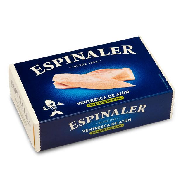 Espinaler White Tuna Belly in Olive Oil. This cut of tuna, also known as ventresca, comes from the underside (belly) of the fish that has a more tender and moist meat. It is caught in the Cantabrian Sea to the north of Spain. Ingredients: Tuna, olive oil and salt.