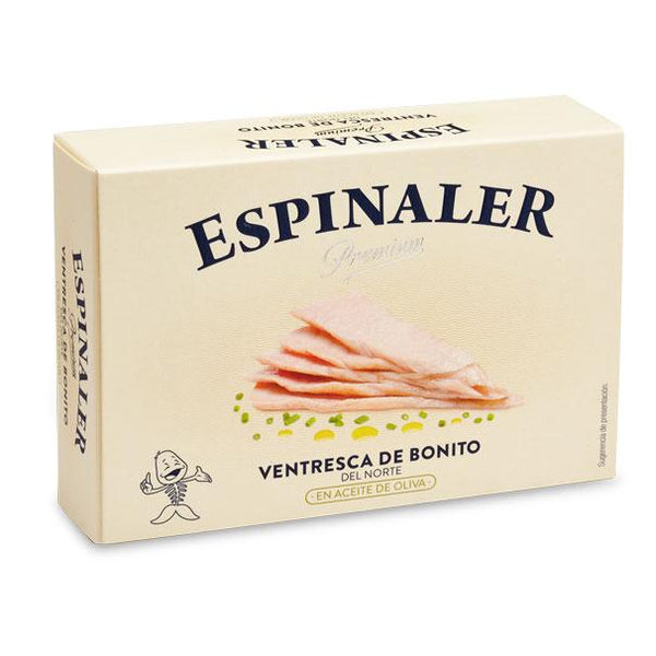 Espinaler White Tuna Belly (Ventresca de Bonito del Norte).The Bonito del Norte tuna is caught in the Cantabrian Sea to the north of Spain. This cut of tuna, also known as ventresca, comes from the underside (belly) of the fish that has a more tender and moist meat. It is manually tinned in whole chunks to maintain the natural texture and avoid any deterioration of the fat between the layers of fish.