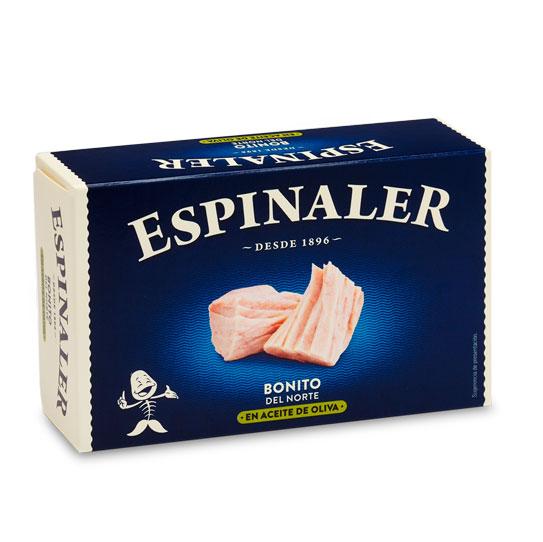 Espinaler white Tuna in Olive Oil, Bonito del Norte en Aceite de Oliva. This white tuna, also known as Bonito de Norte, is caught in the Cantabrian Sea to the north of Spain. Tuna from this region is known for its soft, juicy texture and superior taste. In Spain it is often used in salads and tapas, where its flavor and texture can best be appreciated. Ingredients: Bonito del Norte tuna, olive oil and salt.